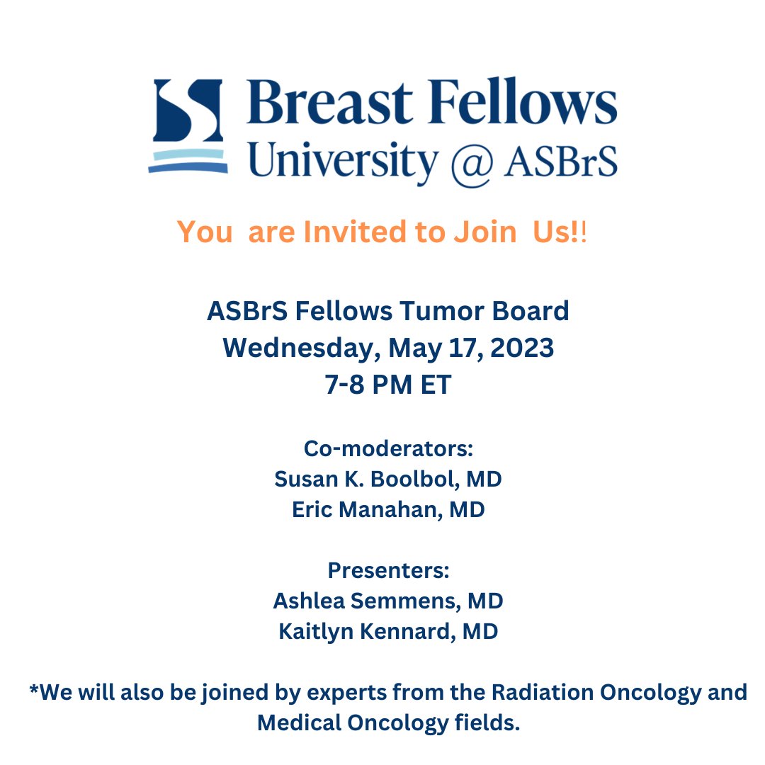 ASBrS (@asbrs) on Twitter photo Join us tomorrow evening for our Fellows Tumor Board. This event is designed for the Society's fellows, young surgeons & APP members. <a href="/SBoolbol/">Dr. Susan K. Boolbol</a> Link to register: us02web.zoom.us/webinar/regist…… This activity is supported by <a href="/AstraZenecaUS/">AstraZenecaUS</a> <a href="/endomag/">Endomag, A Hologic Company</a> <a href="/ExactSciences/">Exact Sciences</a> <a href="/Hologic/">Hologic</a> <a href="/mammotome/">Mammotome</a> Join us tomorrow evening for our Fellows Tumor Board. This event is designed for the Society's fellows, young surgeons & APP members. <a href="/SBoolbol/">Dr. Susan K. Boolbol</a> Link to register: us02web.zoom.us/webinar/regist…… This activity is supported by <a href="/AstraZenecaUS/">AstraZenecaUS</a> <a href="/endomag/">Endomag, A Hologic Company</a> <a href="/ExactSciences/">Exact Sciences</a> <a href="/Hologic/">Hologic</a> <a href="/mammotome/">Mammotome</a>