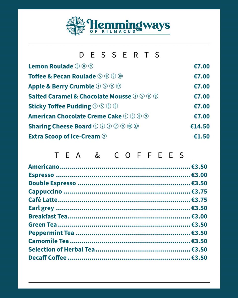 ScottsDublin's tweet photo. ✨ Dessert Menu ✨
At Hemmingways of Kilmacud we have a delicious selection of desserts! 
From delectable chocolate crème cake to the classic sticky toffee pudding! 
There’s something for everyone at Hemmingways of Kilmacud!
We hope to see you soon! 🥂 #menu https://t.co/tWAKV4CaEV