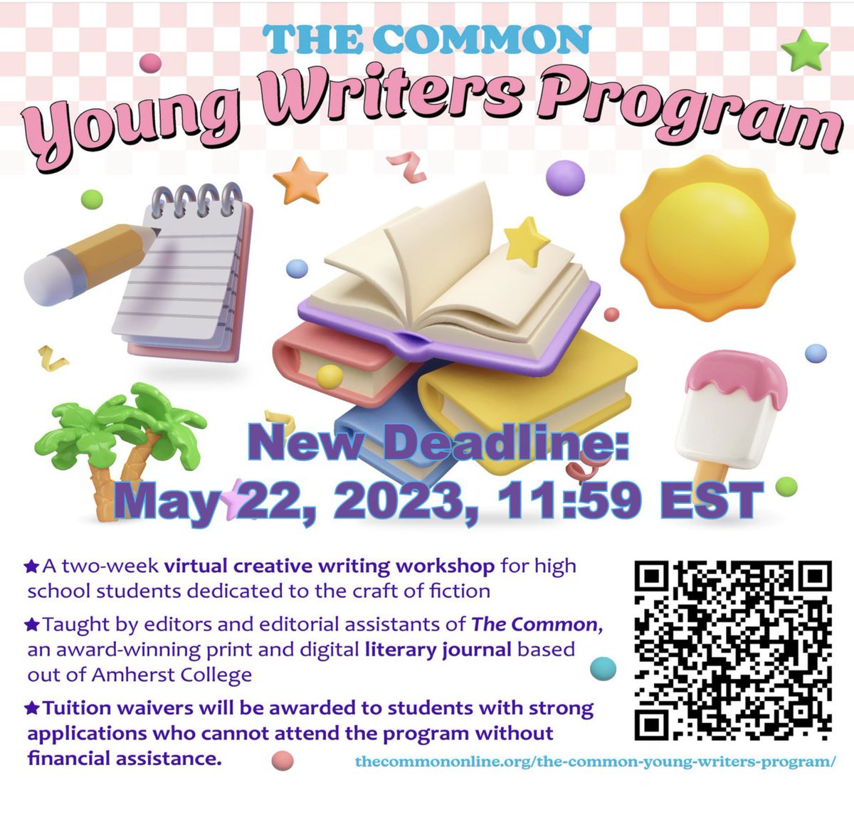There is STILL time to apply to The Common Young Writers Program 2023! Send us your application by May 22 at 11:59 EST for a creative writing experience you won't want to miss: 

thecommononline.org/the-common-you…