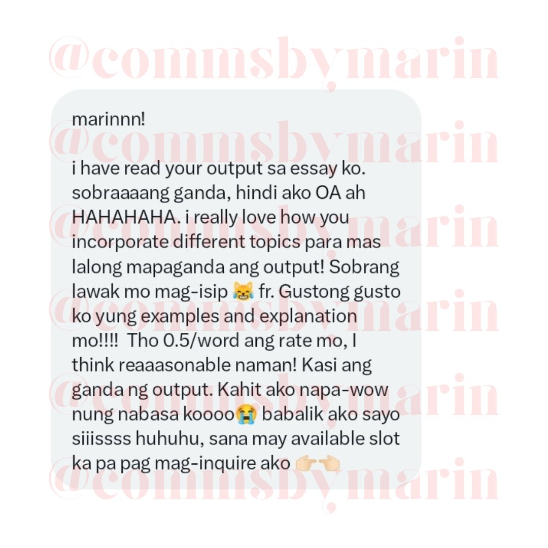 ➣ Client's Feedback 
✄ ─────────────

⎙: #MarinTransparency 
⎙: <a href="/commsnimarin/">open for commission 🟢 — essay | rush | lf clients</a> ; #commstwt
➲ LF CLIENT / research, essay, advocacy speech, argumentative essay, letters, recommendation, position paper, business plan, rush comms, trusted academic server