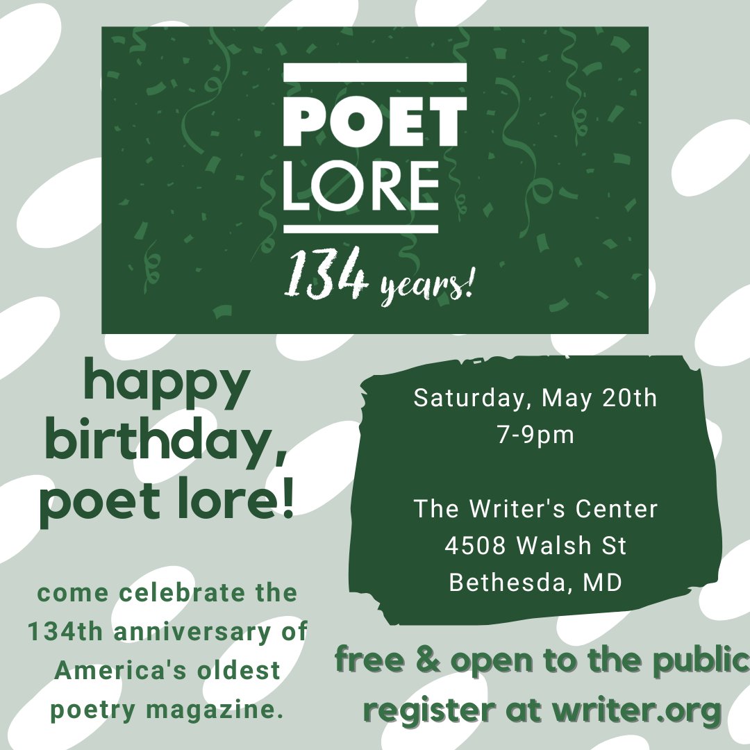 Join us at the <a href="/writerscenter/">The Writer's Center</a> as we party for Poet Lore! 🥳

Meet the editor <a href="/eaholla/">Emily Holland</a>, current guest editor <a href="/Nahtil/">Chet'la Sebree</a>, and get a sneak peek at the upcoming issue 👀

🎉 FREE 🎉 &amp; open to the public. Food and drink provided.

RSVP: ow.ly/qNJK50Opmp6

#poetry #poetlore #event
