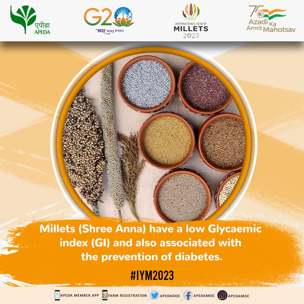 #Millets (#ShreeAnna) have a low glycaemic index (GI) and also associated with the prevention of #diabetes.
#IYM2023 #Yearofmillets