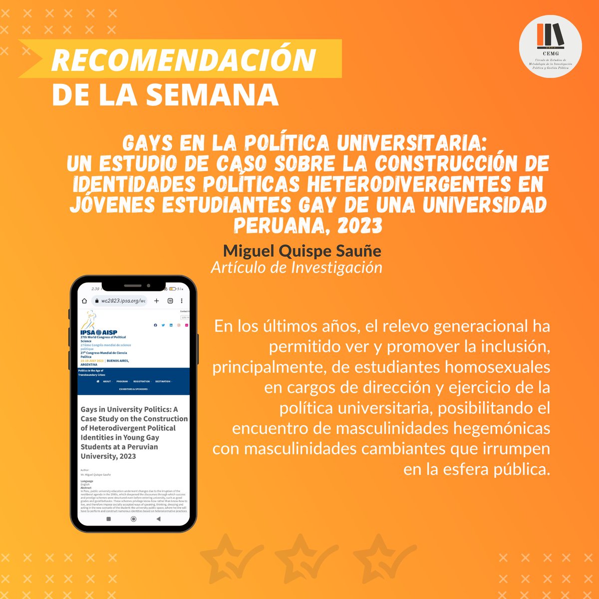 cemg_peru's tweet photo. 🟠 #RecomendaciónSemanal #CEMG
Esta semana te recomendamos el artículo académico de uno de nuestros miembros, Miguel Quispe (@Miguel_QSa), te invitamos a leer esta ponencia que presentará en el Congreso Mundial de Ciencias Políticas de IPSA (@ipsa_aisp) https://t.co/9yPajE5N9X https://t.co/dgrOqlSvEj