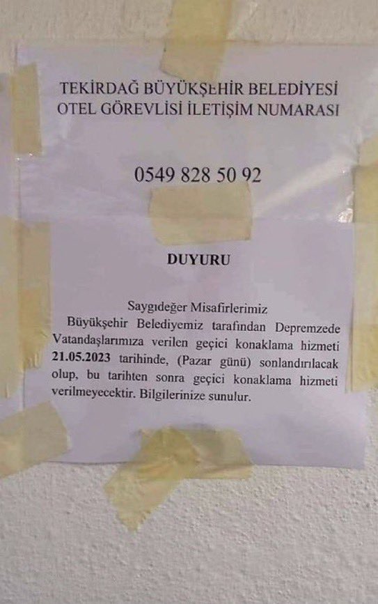 CHP’li Tekirdağ belediyesinin depremzedeleri kendilerine tahsis edilen otelden çıkaracağı bilgisini alan İçişleri Bakanlığı derhal devreye girdi ve “Otel masraflarının devlet tarafından karşılanarak otelde barınmaya devam ettirilmesi “ emrini verdi.

<a href="/GizliArsiv2023/">20:23 ²⁶</a> 
<a href="/Devlet_024/">DEVLET YANLISI 🇹🇷</a>