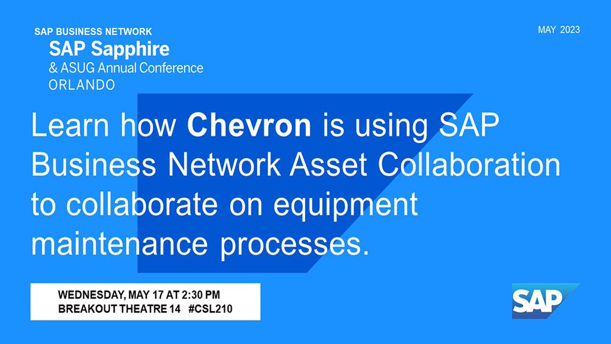 amraftery's tweet photo. Join us at #SAPSapphire to learn how energy supplier @Chevron Corp. is using the #SAPBusinessNetwork Asset Collaboration solution to collaborate on equipment definition and maintenance processes. Sign up here: https://t.co/nQvertfswr @SAP https://t.co/mFgiqUryMg