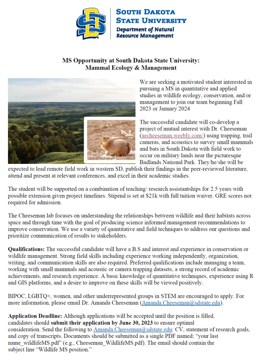 Amanda Cheeseman (@aecheeseman) on Twitter photo Spread the word & come work with us on Small Mammals 🦇🐁🐇around the Badlands!!
Looking for a MS student to start within the next year <a href="/SDStateNRM/">SDStateNRM</a> Spread the word & come work with us on Small Mammals 🦇🐁🐇around the Badlands!!
Looking for a MS student to start within the next year <a href="/SDStateNRM/">SDStateNRM</a>