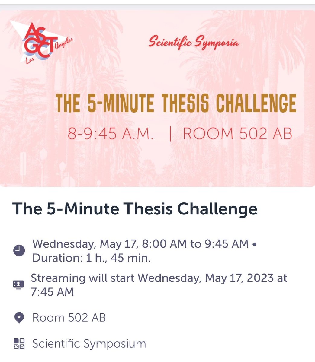 On my way to ASGCT! Make sure to join @JTZoine and me tomorrow morning to watch the finalists from our 5-Minute Thesis Challenge present! #ASGCT23