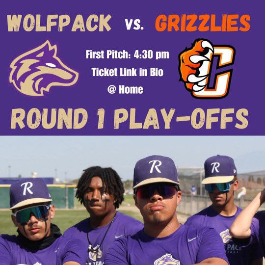 CIF Central Section D2 Playoffs!
Round 1

Central Grizzlies (11-17) @
Ridgeview Wolf Pack (16-11)

Your Wolf Pack host the central
Grizzlies in a re-match of last season’s D2 semi-final game.

Freshman Gabriel Borja will get the start at home.

First Pitch
Wednesday @ 4:30 PM