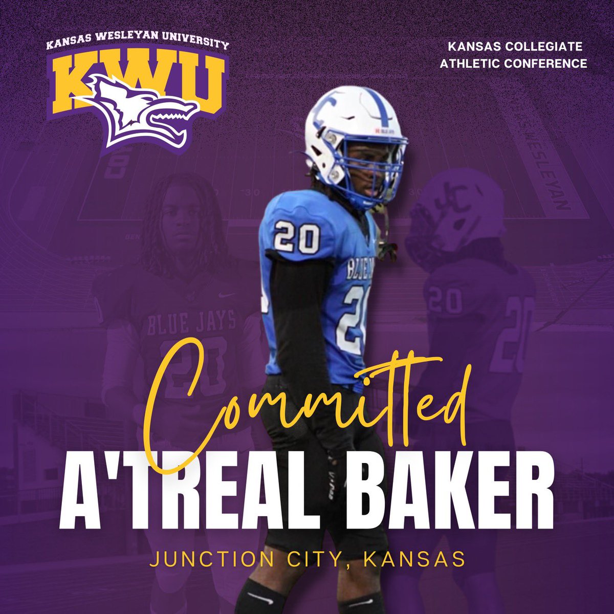 bakeratreal's tweet photo. I am very exited to announce that I will continue my football career and academics at Kansas Wesleyan University @kwucoyotes @Leonard_KWU https://t.co/cUwWBSgdaw