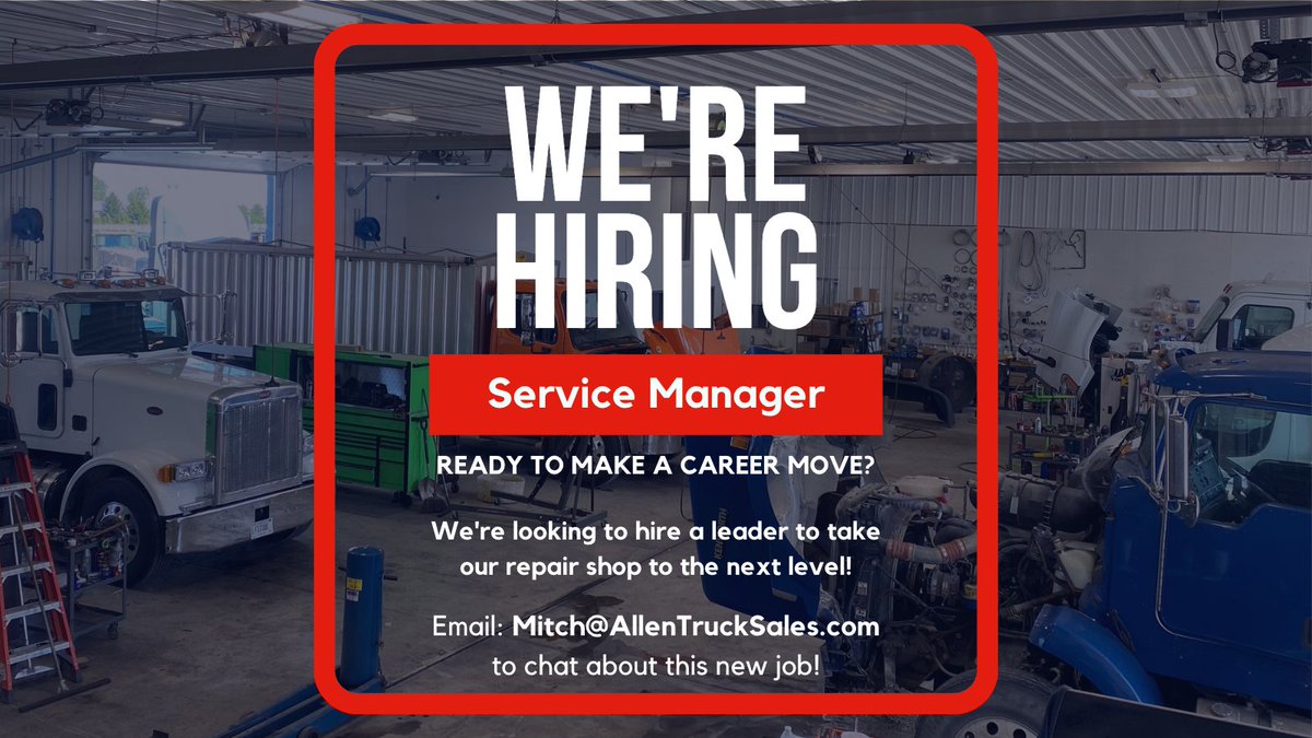 AllenTruckSales's tweet image. Are you ready to make the next move in your #career? We are looking to hire a new member to join our team as a #ServiceManager. If you are ready to lead our shop to new heights, let’s chat! #DieselRepair #NowHiring #RepairShop