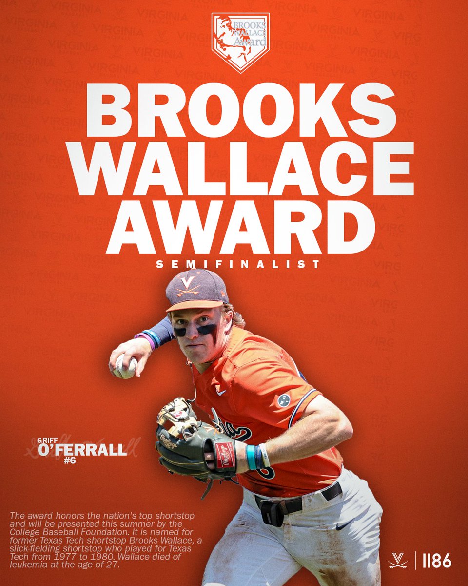 Congrats to <a href="/Griff_OFerrall/">Griff O'Ferrall</a>! 1️⃣ of 2️⃣5️⃣ semifinalists for the <a href="/BWAward/">Brooks Wallace Award</a> for the nation's top shortstop!  

#GoHoos