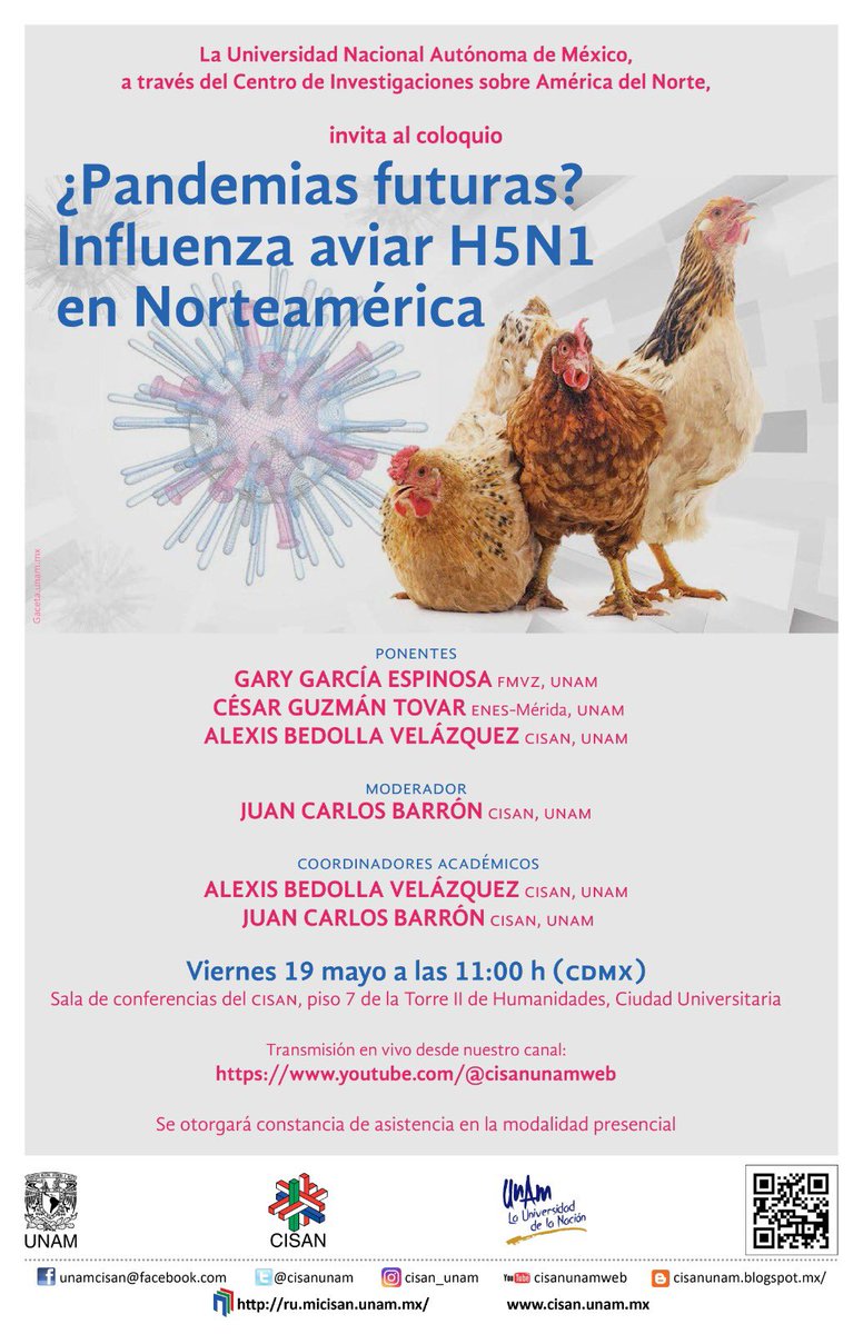 Va cordial invitación a colegas de sociología, antropología, medicina, epidemiología, veterinaria y ciencias ambientales interesadxs en la interacción aves, microbios y sociedades a pensar el caso H5N1 en Norteamérica.

Viernes 19 mayo 11:00am en CU.