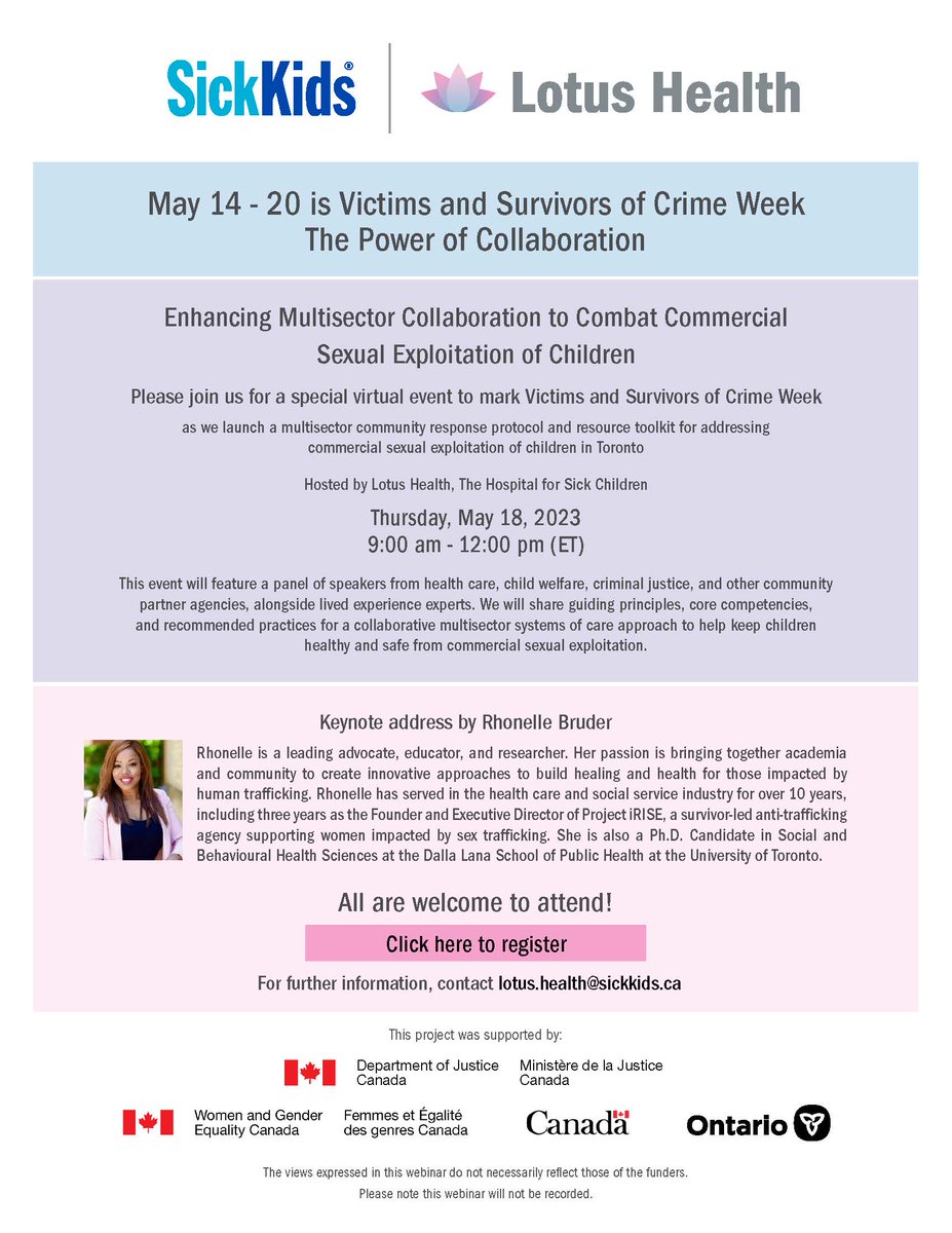 It's Victims and Survivors of Crime Week. On May 18, SickKids' Lotus Health is hosting a webinar on the power of multisector collaboration to combat commercial sexual exploitation of children. Register: bit.ly/45fwV9R Funded by <a href="/JusticeCanadaEN/">Justice Canada</a> #VictimsWeek