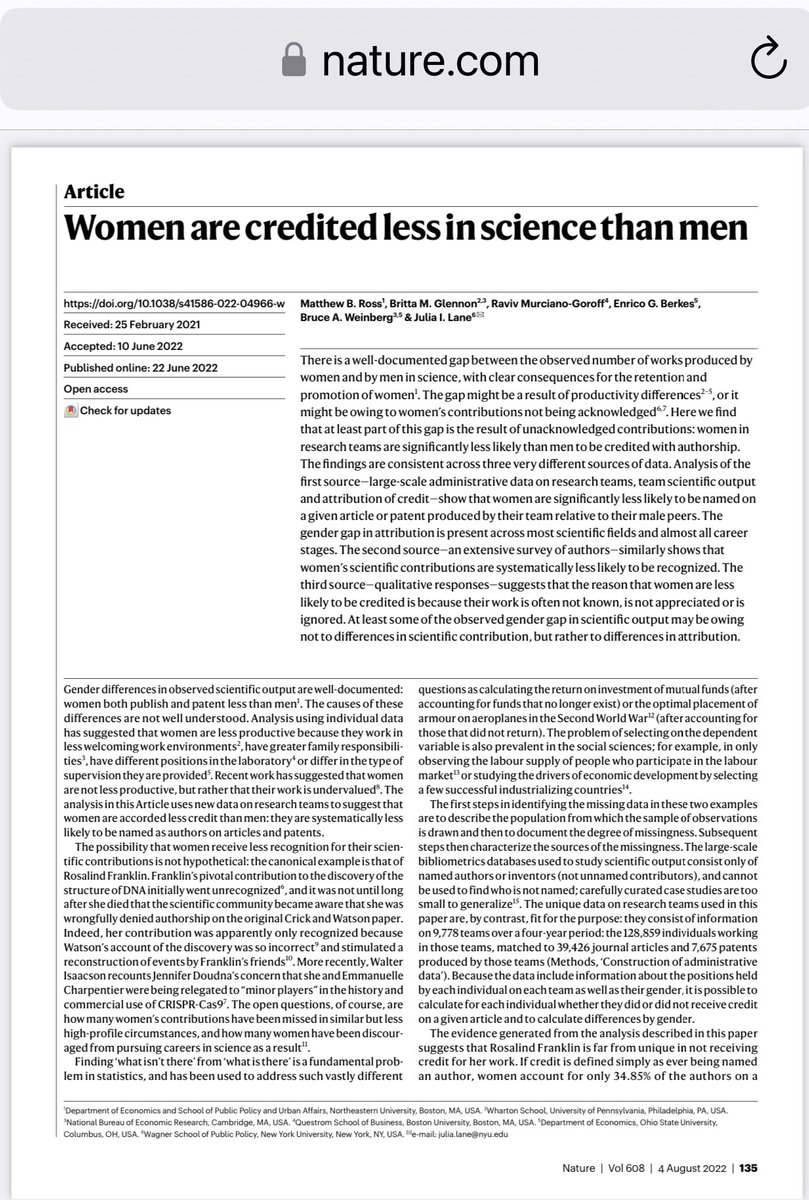 In case you missed it: Women are less likely to be credited for their scientific contributions than men. It’s true across multiple fields & at all stages, with important repercussions for career progress. #WomenInSTEM #WomenInMedicine #MedTwitter nature.com/articles/s4158…