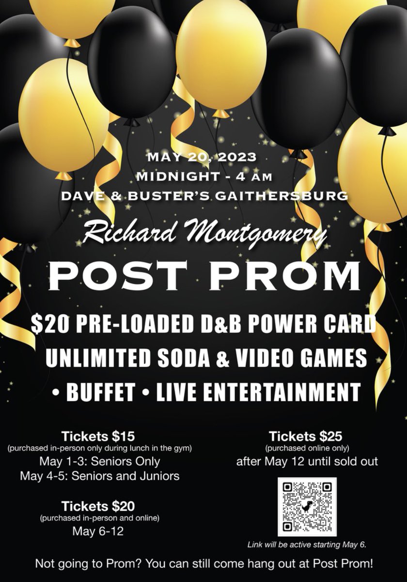 Hey Juniors & Seniors! There is still time to purchase Post Prom tickets. Don’t miss out on the fun! Use the QR code to purchase💃🏽🎉 @RMHS_PTSA @RMHS_principal @MsWheeler_RMHS @rm_sga @RM_Roberson