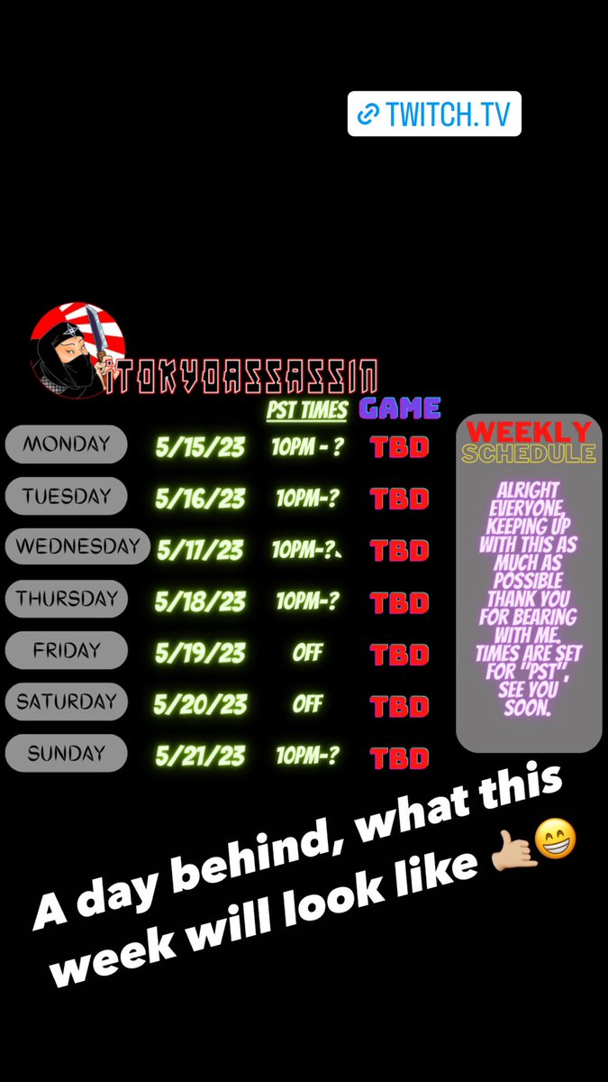 ITokyoassassin's tweet photo. This weeks schedule hope to see you there 😁🤙🏼 https://t.co/KwziaHj1JP