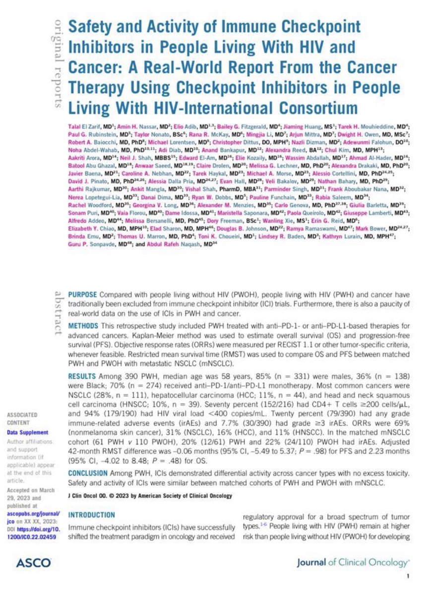 🚨💥😉Out today  <a href="/JCO_ASCO/">Journal of Clinical Oncology</a> Phenomenal effort led by amazing team <a href="/TalalZarif1/">Talal El Zarif, MD</a> <a href="/AminNassarMD/">Amin Nassar, MD</a> <a href="/adib_elio/">Elio Adib</a> <a href="/sonpavde/">Guru P. Sonpavde, MD</a> with collaboration across 🌎 adding to an understudied question of #HIV and #Immunotherapy. Thank you <a href="/JCO_ASCO/">Journal of Clinical Oncology</a> <a href="/DrJFriedberg/">Jonathan Friedberg</a> for publishing this work!