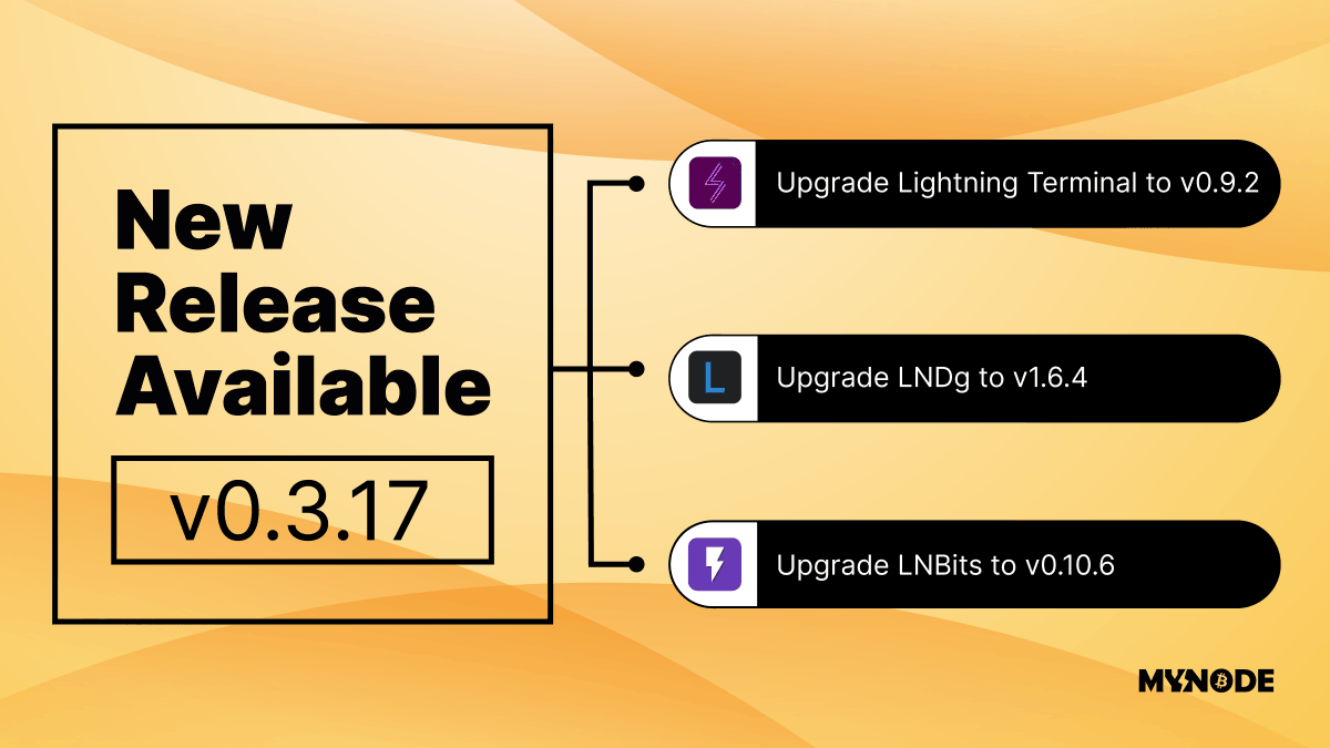 mynodebtc's tweet image. 📢 Just released! 🚀 Upgrade your MYNODE to v0.3.17 and enjoy Lightning Terminal, LNDg, and LNBits! ⚡️ 

Enhance your Bitcoin node experience with the latest updates. 

Upgrade now and unlock new possibilities! 💪 #MYNODE #Bitcoin #Upgrade #Lightning