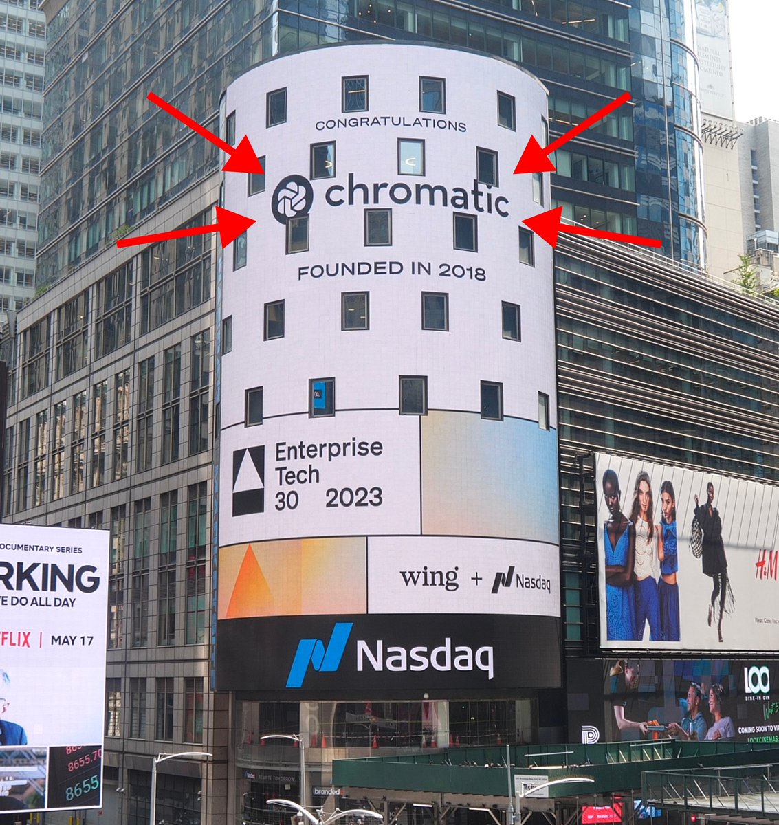 😍 Chromatic is on a billboard in Times Square! 

We're featured in this year's Enterprise Tech 30 from NASDAQ + Wing VC. 

You can't buy, apply, or pay to get on the list. So how the hell did we get here? 👇
#enterprisetech30