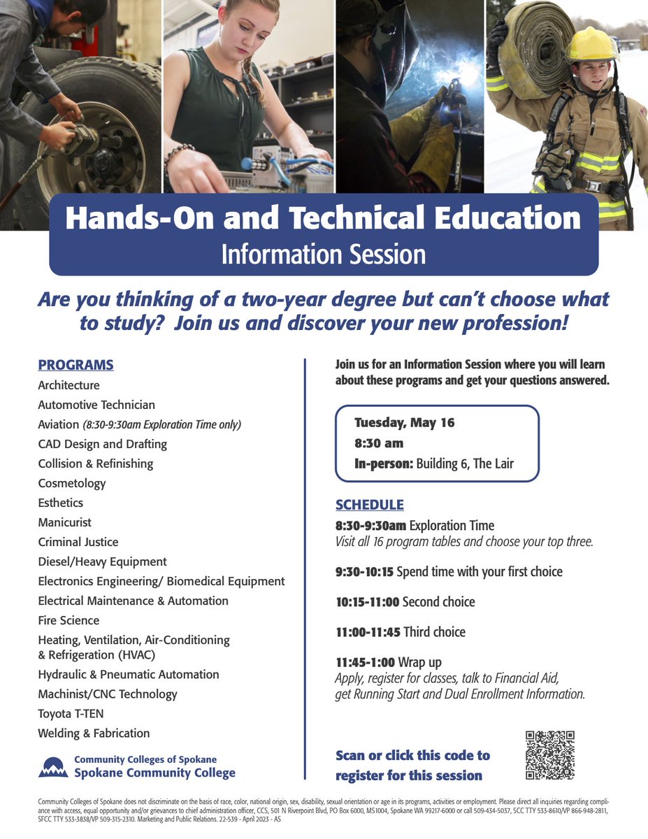 .@CCofSpokane is hosting a Hands-On and Technical Education information session tonight!

scc.spokane.edu/News-Events/Ca…

#SkilledTrades #TechnicalEducation #CTE #CommunityCollege #Spokane #SpokaneValley #CareerTechnicalEducation