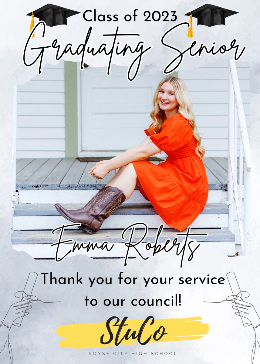 Our next sendoff is for the "life of the party," Miss Emma Roberts! Emma is headed to Brigham Young University and will continue to share her spark and great dance moves with everyone she meets! Best wishes, Emma! Go be great! <a href="/RoyseCityHS/">Royse City HS</a> 🎓🎉