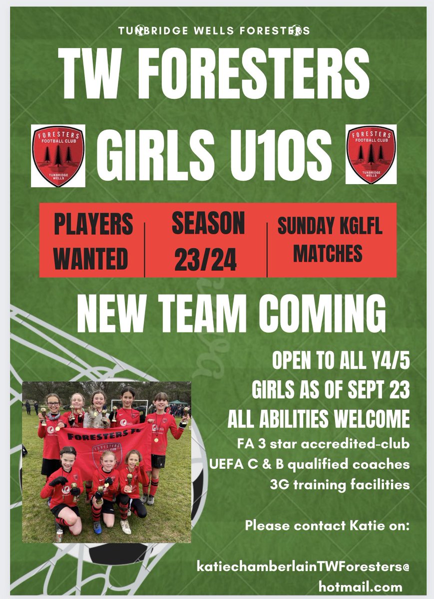 New team incoming!! <a href="/twforesters/">TW Foresters FC</a> are adding a new team to their growing number of <a href="/TWFFCgirls/">TWForesters Girls ⚽️</a> girls sides! Any girls who will be in y4/5 from Sept 23 please contact below! Let’s keep the girls game growing! #HerGaneToo #GoForesters #JuniorFozzies #Girls #U10s