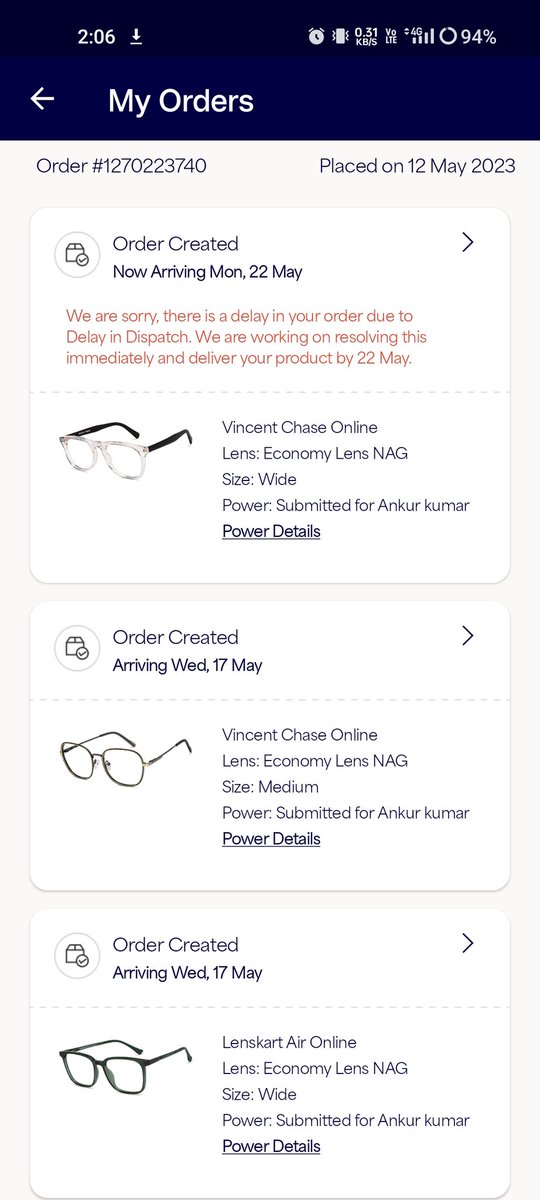 ankuuclicks's tweet photo. @peyushbansal Order placed on 12th May still no update. No customer support. I need my specs soon. @Lenskart_com  #lenskart https://t.co/MhhUKJMPcC