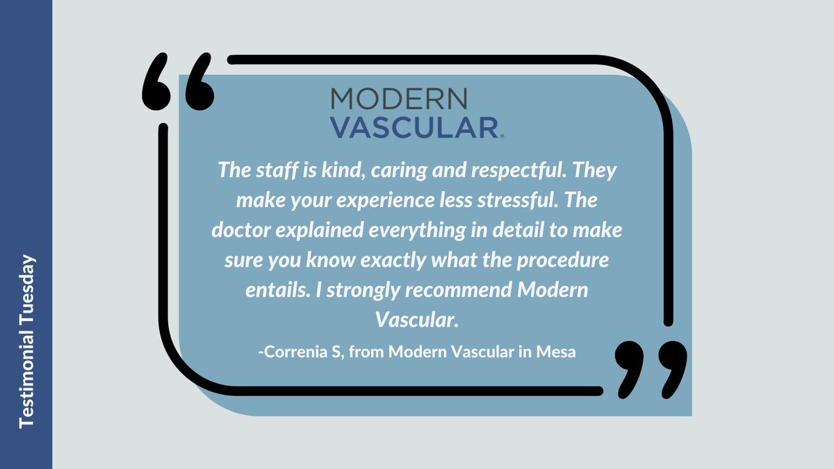 On this testimonial Tuesday, we have Correnia S from Modern Vascular in Mesa describe her experience.

We're grateful to our patients for reviewing our facility and physician's team and trusting us with their care! #patienttestimonial #patienteoutcomes #patientexperience