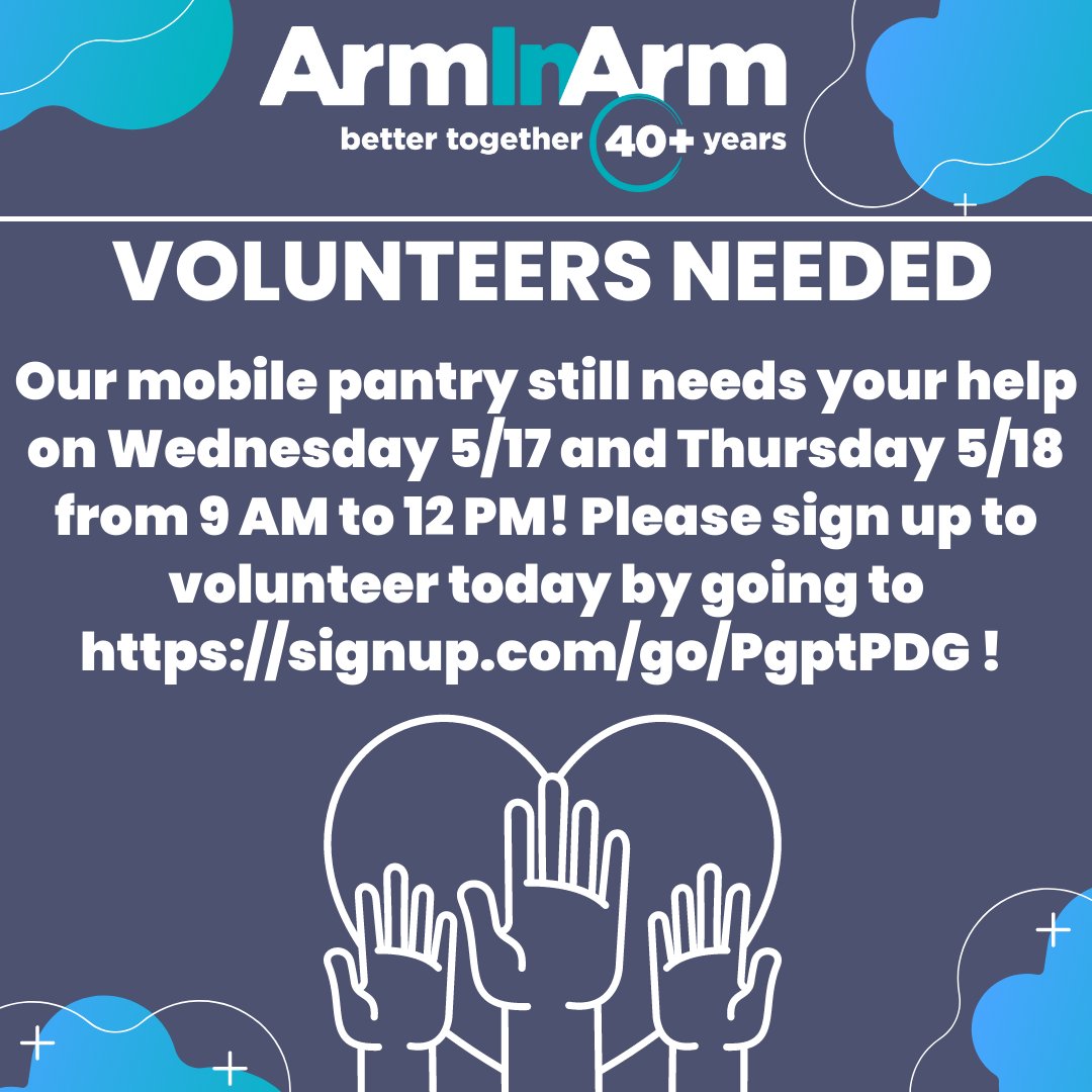 Our mobile pantries need your help this week!! Please sign up to volunteer today at signup.com/go/PgptPDG 
#ArminArm #MobilePantry #Volunteers23