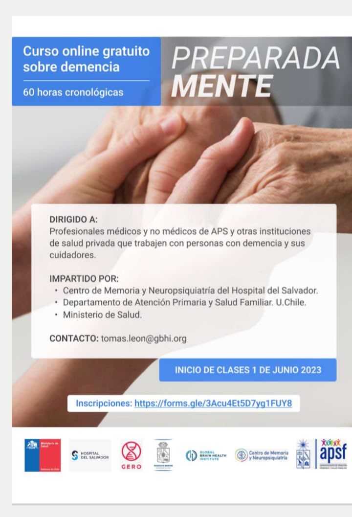 Hola

Hemos empezado la inscripción de nuestro curso o line gratuito sobre demencia. 

Abierto para todos los profesional de Salud 

Inscripciones: forms.gle/3Acu4Et5D7yg1F…. Es gratis y certificado

<a href="/Cmyn_UMemoria/">Unidad de Memoria</a> <a href="/CentroKintun/">Centro Kintun</a> <a href="/LACCD9/">LAC-CD</a> <a href="/GBHI_Fellows/">Global Brain Health Institute</a> <a href="/IPA_Online/">IPA</a>