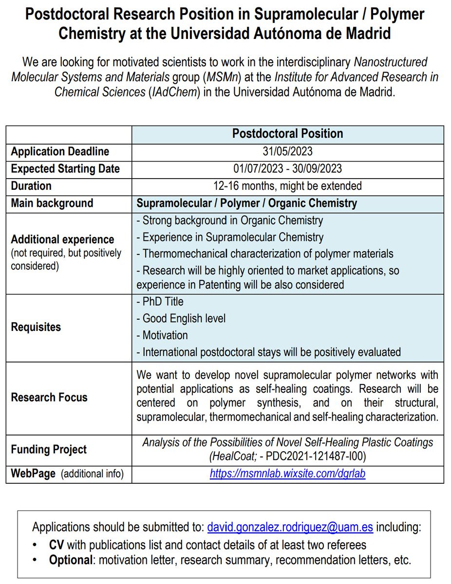 DGRlab's tweet image. Hiring! 📢📢 New Postdoc position in our Nanostructured Molecular Systems and Materials group!!
 ⚗️🧪  Join one of our exciting projects in #supramolecular chemistry! Pls be good and RT!! 🙏 #chemjobs
msmnlab.wixsite.com/dgrlab