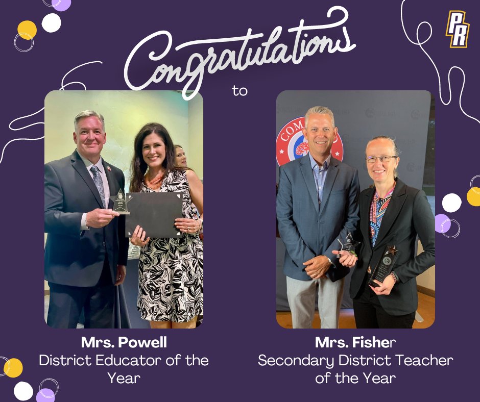 Such exciting news!🤩Mrs. Fisher has been chosen as the Secondary District Teacher of the Year and Mrs. Powell has been chosen as the district's Educator of the Year!👏 We are so lucky to have these amazing educators here at PRMS!💜💛 So well deserved!