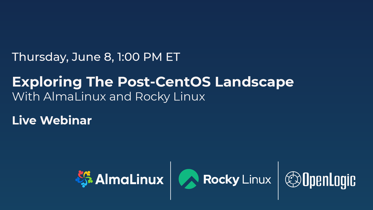 AlmaLinux's tweet image. How will the end of the #CentOS era impact the #Linux landscape? 

Join @Perforce’s Chief #OpenSource Evangelist @jperezp_bos and leaders from @AlmaLinux and @rocky_linux  for a discussion about the post-CentOS landscape. 

Register today: ter.li/re28p7 
@bennyvasquez