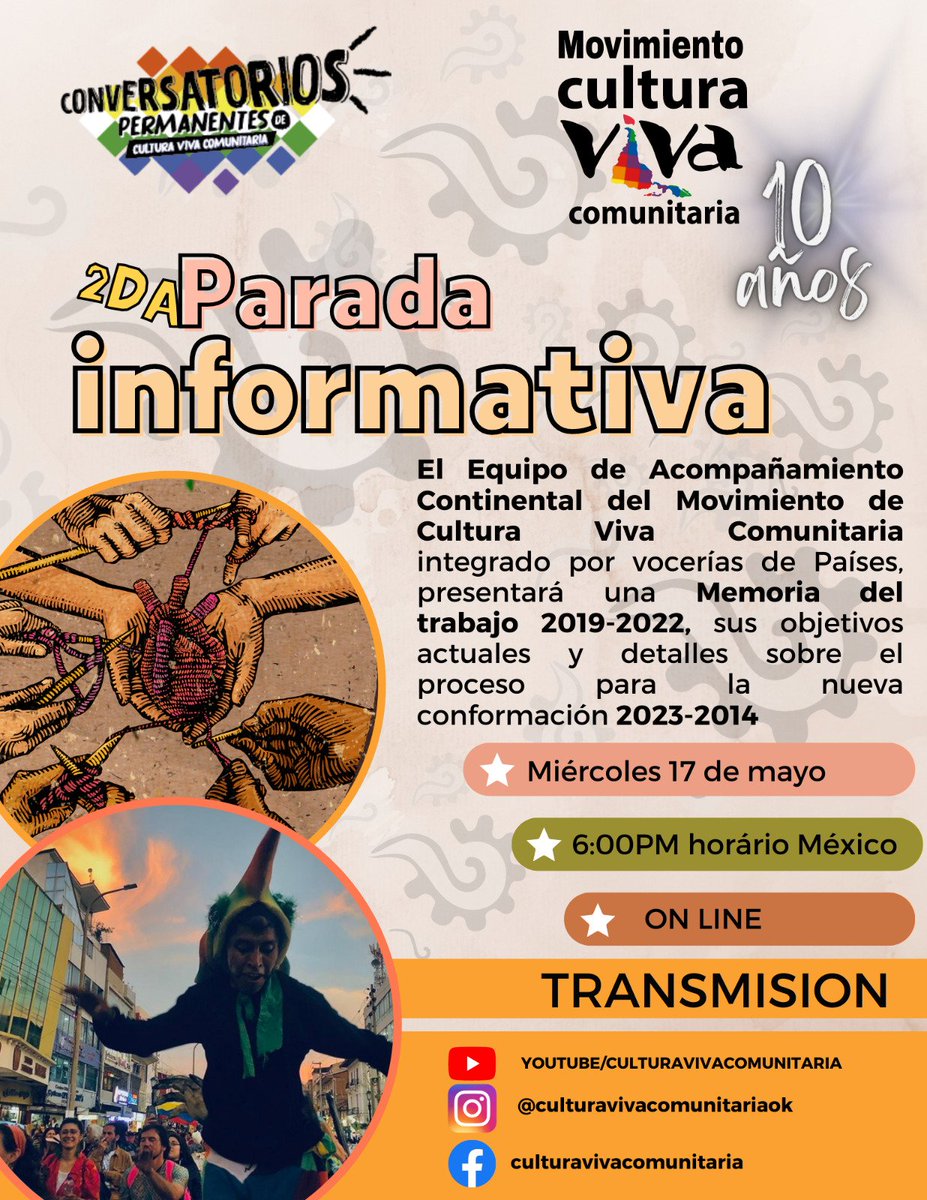 cvcuy's tweet photo. Compañerxs del MLCVC les invitamos a sumarse a esta **segunda parada informativa** para repasar el recorrido de trabajo desde el **2019 al 2023*, su actual situación, objetivos y quienes lo conforman.  ** Fecha: 17 de Mayo **-  **Hora: 21 :00 hs Uruguay. ** https://t.co/oiel76BJ1D
