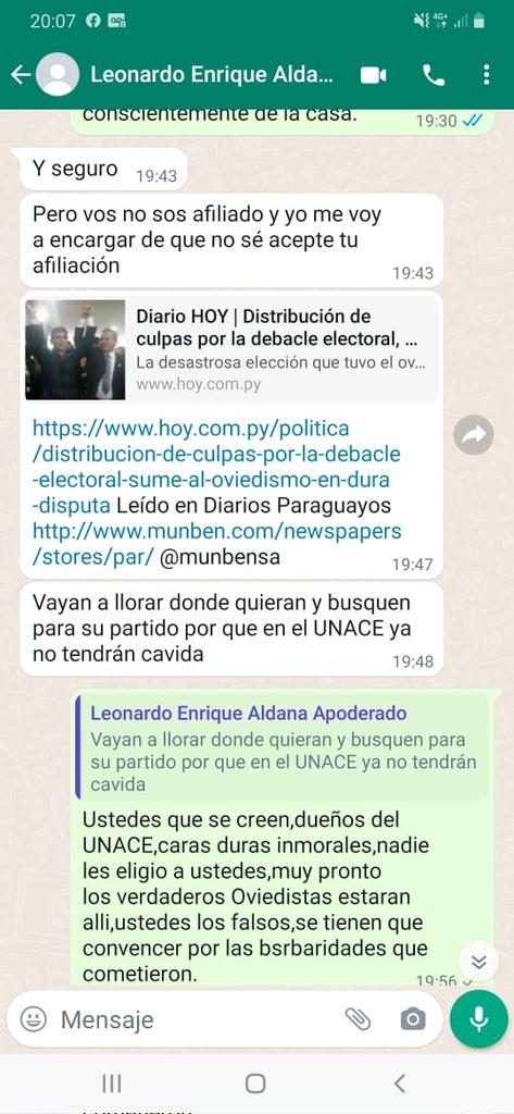 SOBERBIA LAMENTABLE   del apoderado gral del UNACE cuyo único mérito es ser concuñado de JORGE OVIEDO MATTO. 
En lugar de tratar de impedir la fuga masiva de afiliados, el co-autor de la debacle electoral se pega el lujo de querer echar gente.