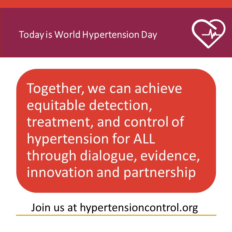 Today is #WorldHypertensionDay. Together, we can achieve equitable detection, treatment, and control of hypertension for ALL through dialogue, evidence, innovation, and partnership. Join us at hypertensioncontrol.org #actforequity