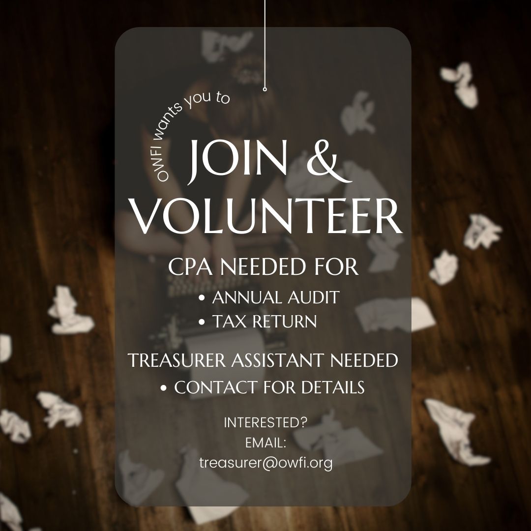 OWFI is looking for volunteers!
We're searching for a CPA and a treasurer's assistant!
#writerscommunity #oklahoma #oklahomawriter #cpa #treasurer #owfi #owfi2023 #volunteer #volunteertoday #volunteeropportunities #writersconference