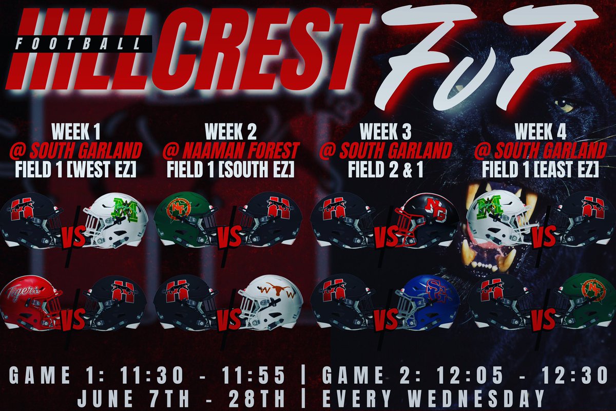 Time to Compete
Every Wednesday in Garland*

#CrestSide #DarkSide #TPW #RecruitTheCrest
@dallasathletics @PanthersHHS @hs_hillcrest 

*see location for specific Garland HS