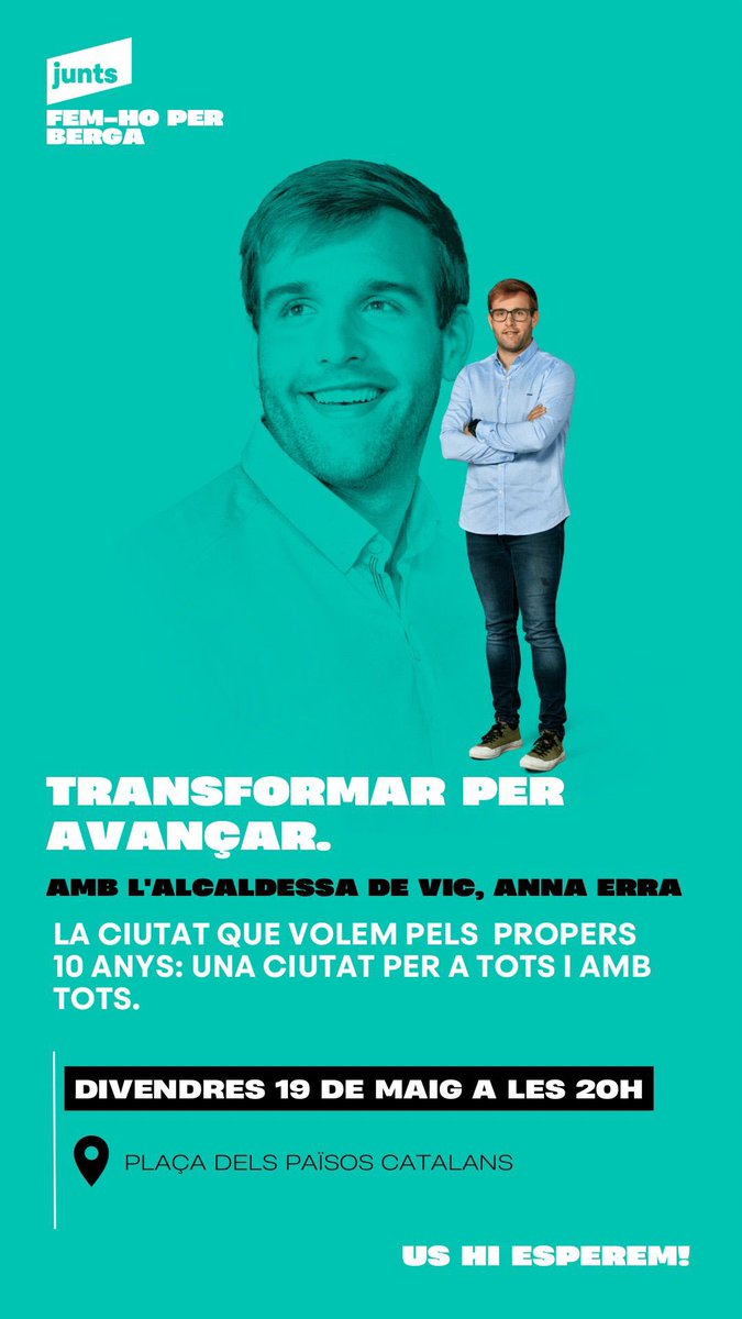🌇"Transformar per avançar" 

📆Divendres 19 de maig 
🗣️Conversarem amb l'alcaldessa que ha liderat la transformació de Vic, <a href="/Anna_Erra/">Anna Erra i Solà🎗</a> i el candidat que liderarà la transformació de #Berga, <a href="/CaballePlanas/">Ramon Caballé Planas</a> 
⏰20h
📍Plaça dels Països Catalans

#FemhoperBerga