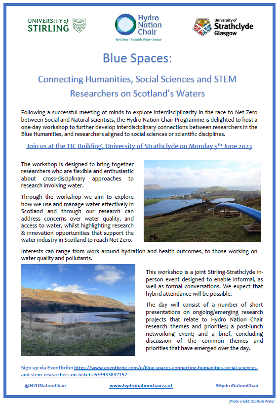Blue Spaces I 5 June I TIC Building @UniStrathclyde

Join us to further develop interdisciplinary connections between researchers in the #BlueHumanities and researchers aligned to #socialsciences or #scientificdisciplines

💧

Sign up via Eventbrite: eventbrite.com/e/blue-spaces-…