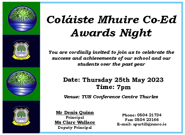 May, always a busy month in @colmhuirecoed but also a time to celebrate our wonderful school community…looking forward to our Awards Night next Thursday 25th May in TUS Thurles starting at 7pm 👏🏆💫#cmcoagobair #etbethos #rathassaothar #awardsnight @TipperaryETB @TUS_ie