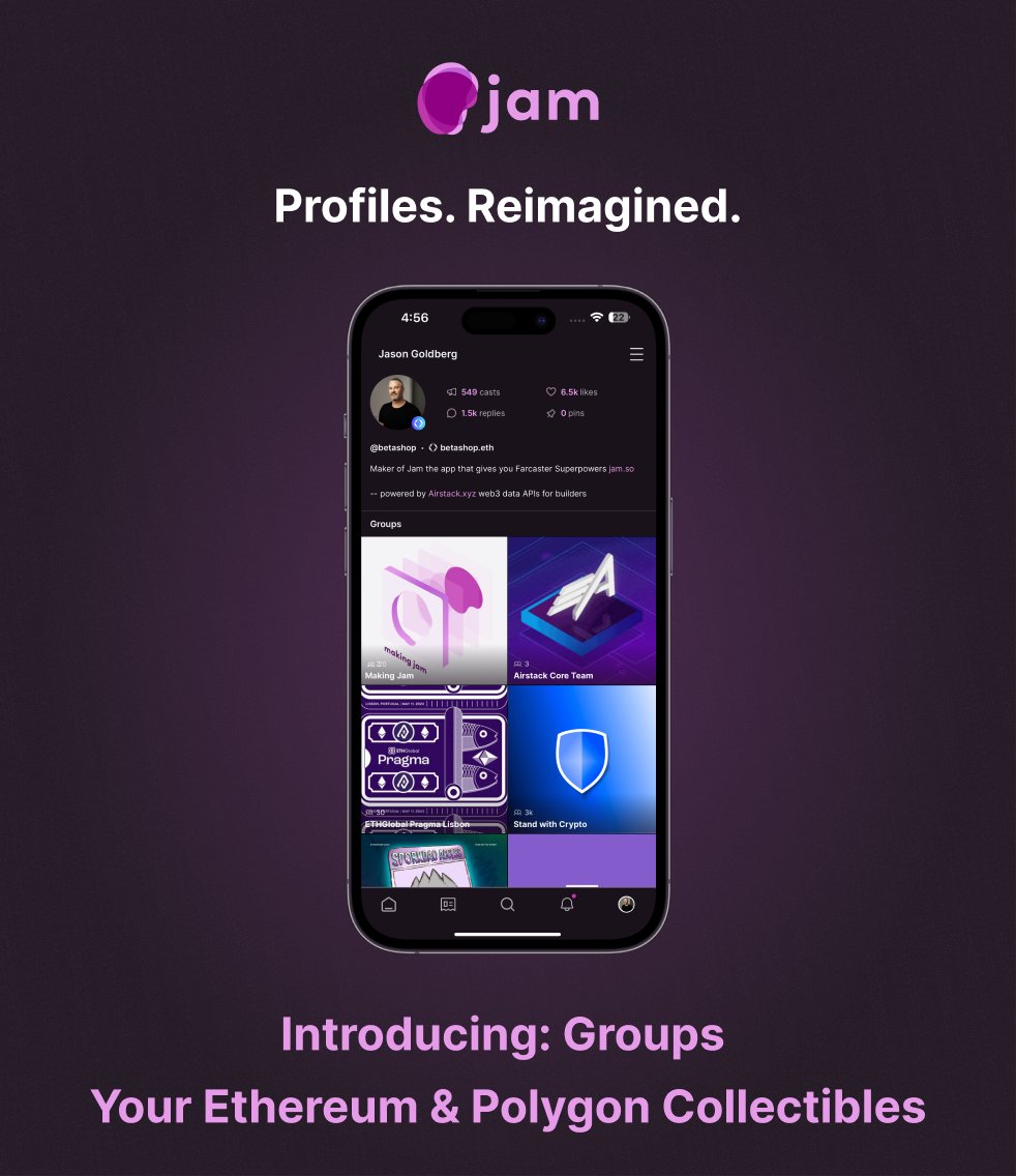 betashop's tweet photo. I've got some next gen to show everyone:

The new Jam app uses the Airstack APis to reinvent web3 social

Built on @farcaster and @ethereum jam profiles feature Groups based on your Ethereum and Polygon collectibles

iOS https://t.co/L5jv7xY6jG
Android https://t.co/L4Fhn55iZz

🧵 https://t.co/PnXfj6Edsa