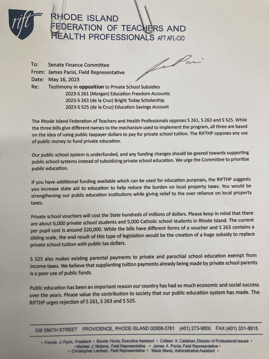 Today’s testimony against private school vouchers ⁦<a href="/RIFTFrankFlynn/">Frank Flynn</a>⁩