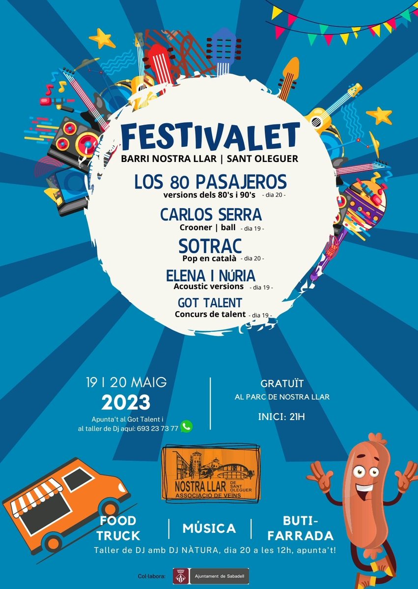 Associació Veïns Barri Nostra Llar de Sant Oleguer (@barrinostrallar) on Twitter photo El #Festivalet, el plat fort de la Festa Major del barri! Recordeu, aquest cap de setmana, 19, 20 i 21 de Maig.
A excepció dels àpats, totes les activitats, inclòs el #Festivalet són gratuïtes! 🥳 <a href="/Aj_Sabadell/">Ajuntament Sabadell</a> <a href="/sbdcultura/">Sbd Cultura</a> <a href="/favsbd/">FAV Sabadell</a> <a href="/SalesiansSbd/">Salesians Sabadell</a> #fembarri El #Festivalet, el plat fort de la Festa Major del barri! Recordeu, aquest cap de setmana, 19, 20 i 21 de Maig.
A excepció dels àpats, totes les activitats, inclòs el #Festivalet són gratuïtes! 🥳 <a href="/Aj_Sabadell/">Ajuntament Sabadell</a> <a href="/sbdcultura/">Sbd Cultura</a> <a href="/favsbd/">FAV Sabadell</a> <a href="/SalesiansSbd/">Salesians Sabadell</a> #fembarri