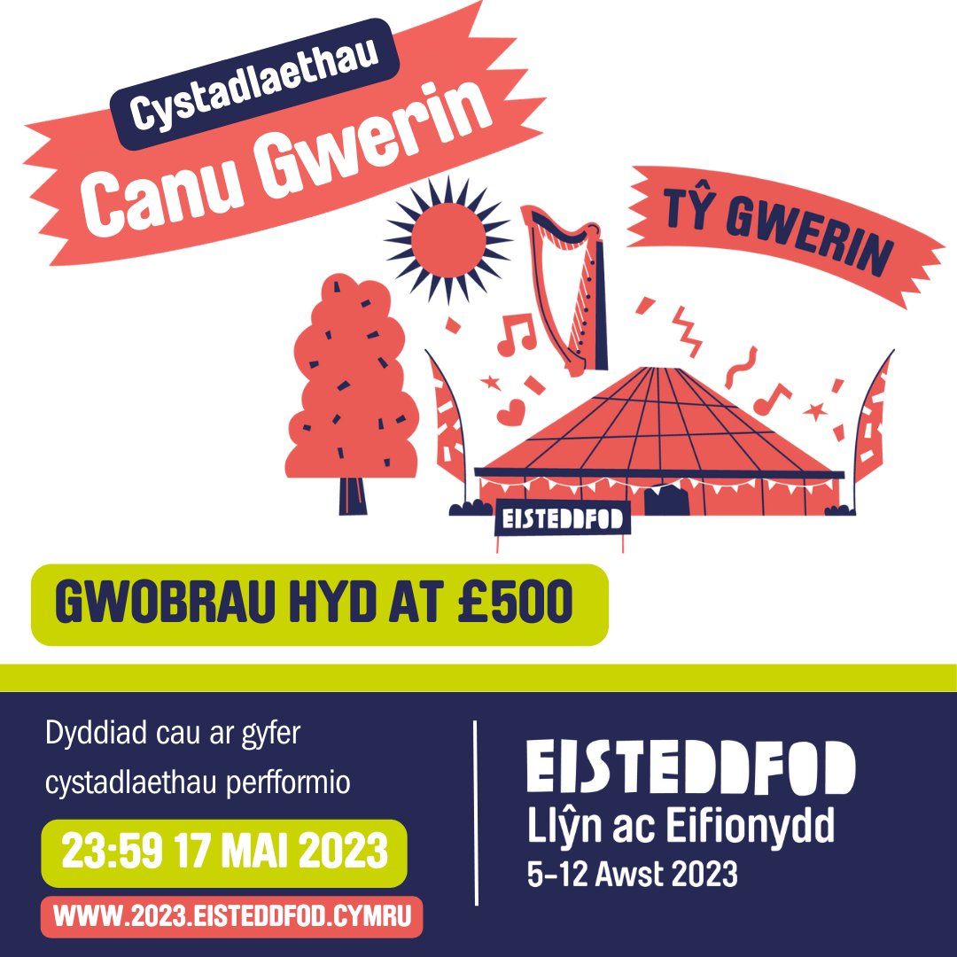 ⭐ Mae gynoch chi tan funud i hanner nos nos fory (Mercher) i gofrestru i gystadlu yn Eisteddfod Llyn ac Eifionydd fis Awst.
Cor neu barti gwerin? Unawd?

Ewch amdani! 👇
2023.eisteddfod.cymru/cystadlu
