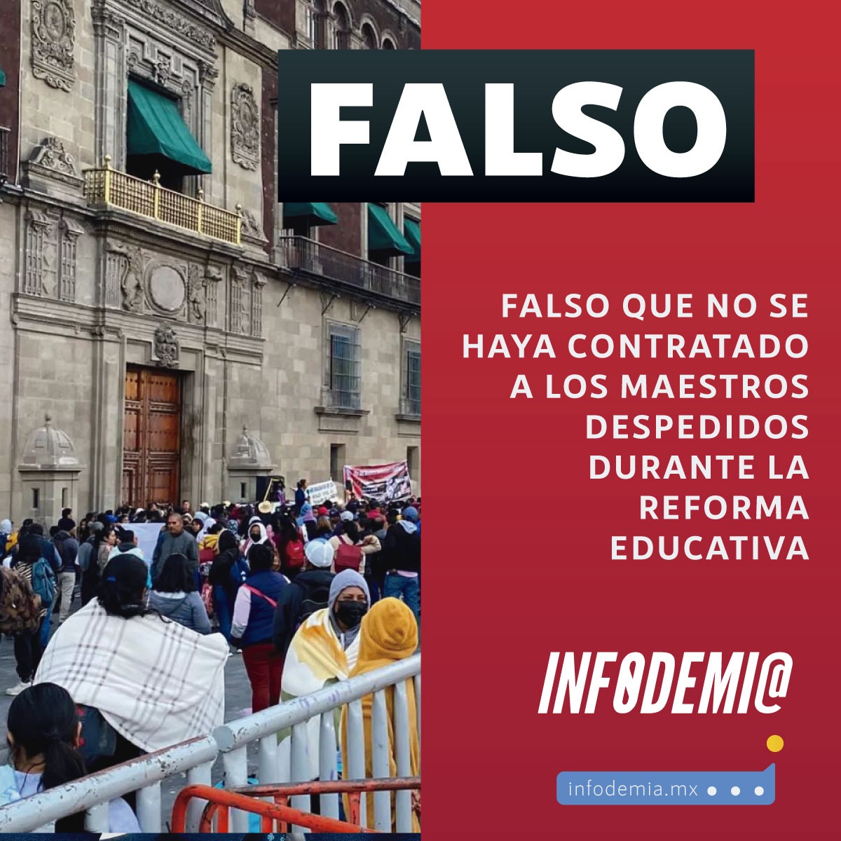 infodemiaMex's tweet photo. ❌Falso que no se haya contratado a los maestros despedidos durante la Reforma Educativa

✔️@lopezobrador_ aclaró que todos los maestros que fueron despedidos durante la #ReformaEducativa de @EPN, fueron recontratados y se les pagó sueldos retroactivos

👉https://t.co/2mCa5dzW4c https://t.co/2y19O5w1oD