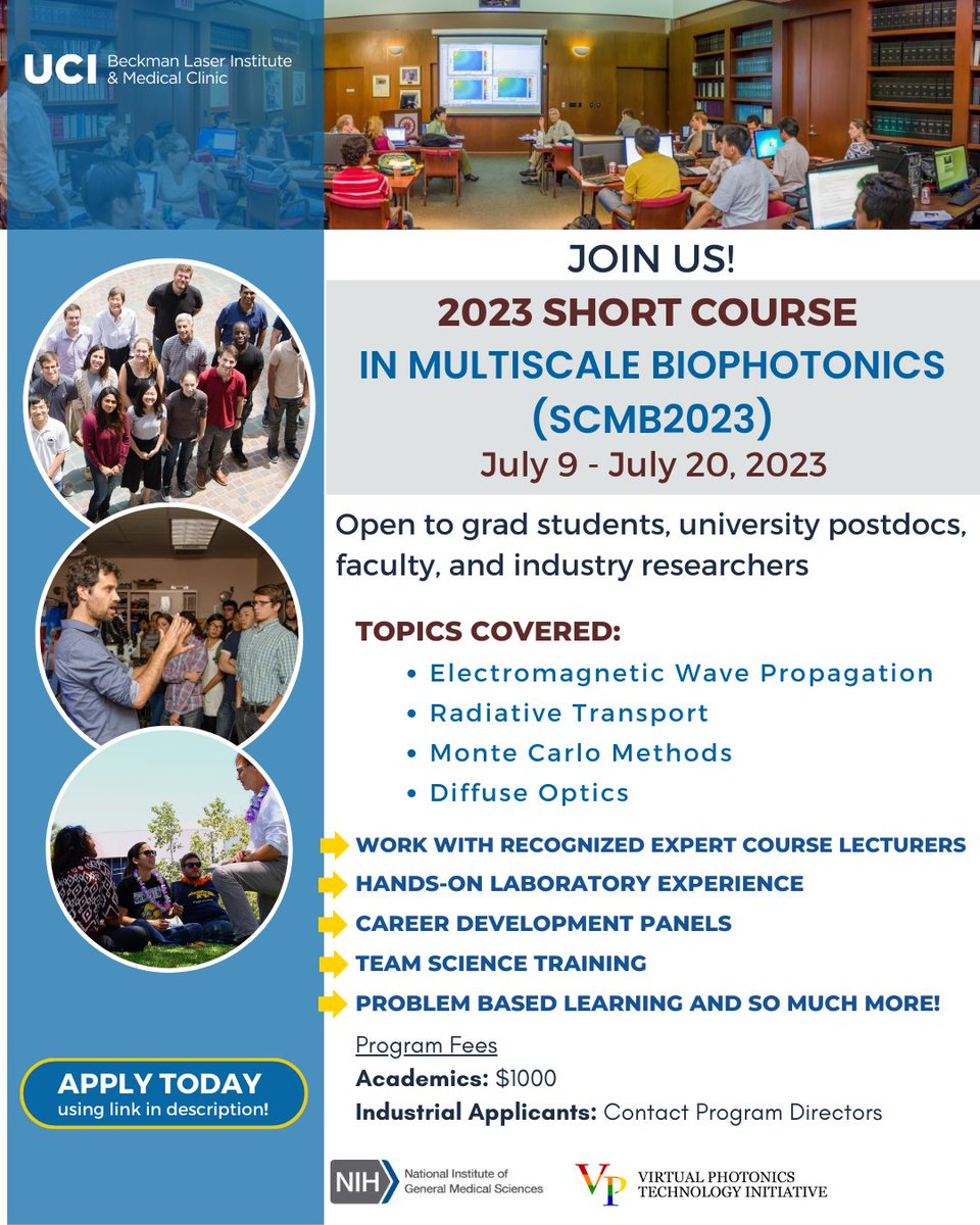 BeckmanLaser's tweet photo. 📢 Attention Biophotonics Grad Students and Post-Docs!
Discover the cutting-edge world of Biophotonics, gain valuable insights, and enhance your skills with our expert instructors @BeckmanLaser.  
Apply today to secure your spot: https://t.co/uSrfKmPYNV
 #UCIBLIMC #apply https://t.co/nd86tUksUf