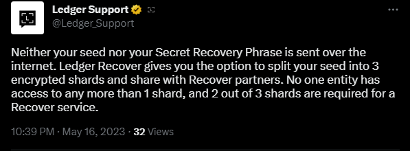 Doominated1's tweet photo. This tweet feels misleading. Ledger claims the seed does not get sent over the internet. It does however, just in 3 pieces. https://t.co/6iuzL9OqbV