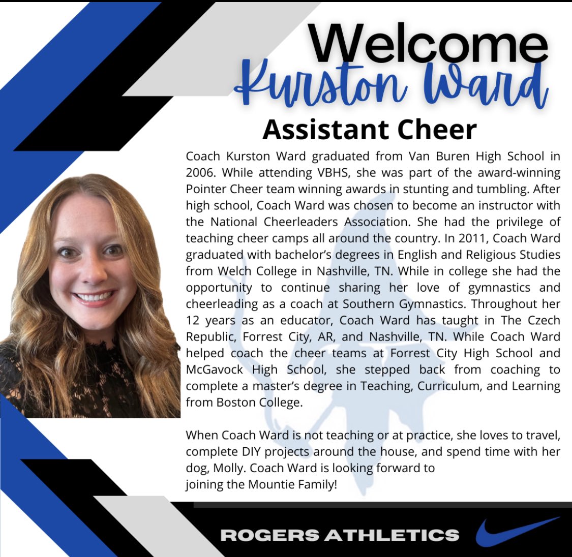 Welcome new Assistant Cheer Coach Kurston Ward!! <a href="/mountiecheer/">mountiecheer</a> @RPS_Athletics <a href="/RHS_Williams/">Lisa Williams</a>