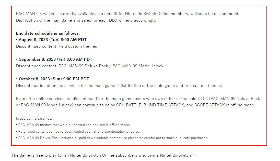 Wario64 on X: Pac-Man 99 online modes are shutting down on Oct